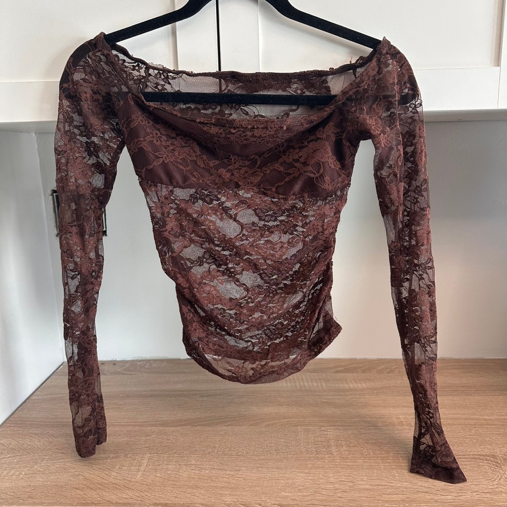 Brown Sheer Monochromatic Floral Lace Off The‎ Shoulder Ruched Long Sleeve Top S
